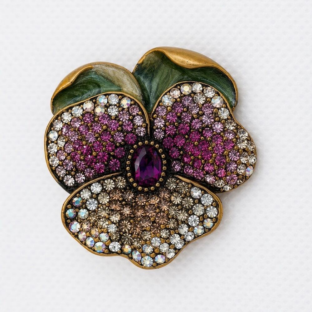 Vintage Jay Strongwater Pansy Flower Brooch Pin Crystal Enamel Rhinestone Signed